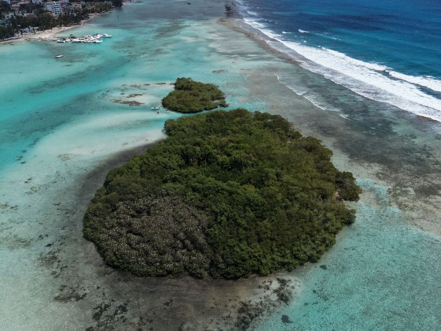 Aerial view of the turquoise coast and islet at Boca Chica